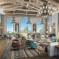 Luxurious Sales Office Interior With Arched Windows Chandeliers Wooden Ceiling And Furniture