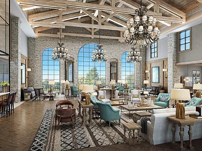Luxurious Sales Office Interior With Arched Windows Chandeliers Wooden Ceiling And Furniture 3d model