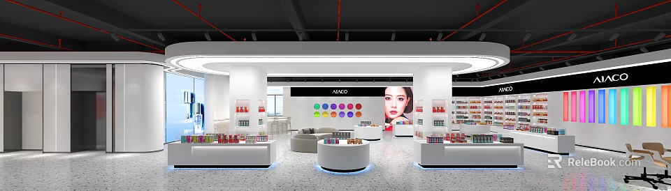 ALUXO Cosmetics Store Bright Interior Featuring White Display Counters Colorful Circular Elements And Model Face 3d model 