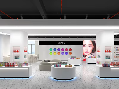 ALUXO Cosmetics Store Bright Interior Featuring White Display Counters Colorful Circular Elements And Model Face 3d model
