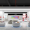 ALUXO Cosmetics Store Bright Interior Featuring White Display Counters Colorful Circular Elements And Model Face