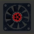 Square Shaped Blue Air Conditioner Fan Featuring Red Center Logo And Blades