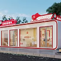 Party Building Service Station With Red Exterior White Structure Windows And Signage