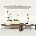 Wooden Public Chairs at City Coffee Island with White Canopy and Green Plants