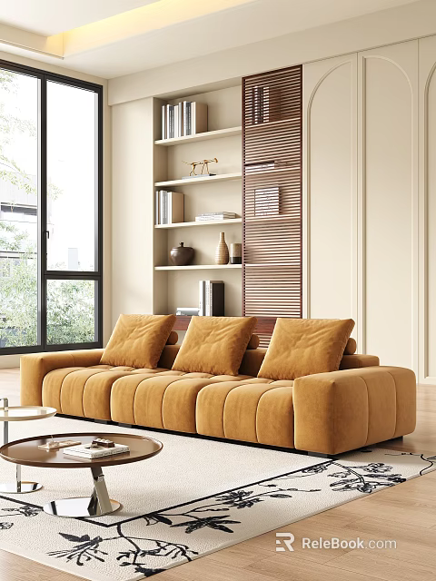 Orange Velvet Multi Seater Sofa With Cushions In Living Room By Large Windows And Side Bookshelf 3d model 
