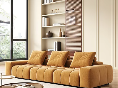 Orange Velvet Multi Seater Sofa With Cushions In Living Room By Large Windows And Side Bookshelf 3d model