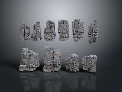 Different Shaped And Textured Rocks Arranged On Gray Background With Reflections 3d model
