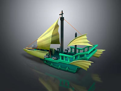 Green Hull Sailing Water Transport With Multiple Yellow Sails And Decorative Design 3d model