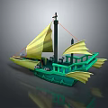 Green Hull Sailing Water Transport With Multiple Yellow Sails And Decorative Design