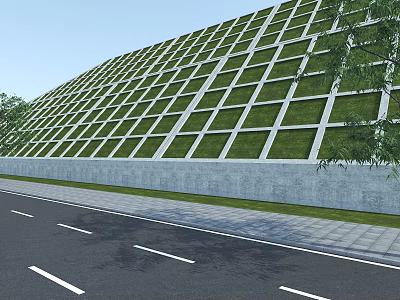 Road Facilities Featuring Green Vegetation Grid Wall and Sidewalk Along Paved Traffic Lane 3d model