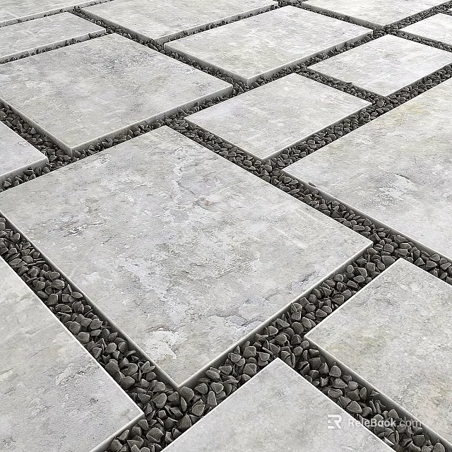 Garden Patio Design With Gray Stone Slabs And Black Pebbles In Between Spaces 3d model 