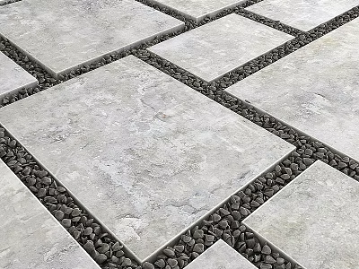 Garden Patio Design With Gray Stone Slabs And Black Pebbles In Between Spaces 3d model