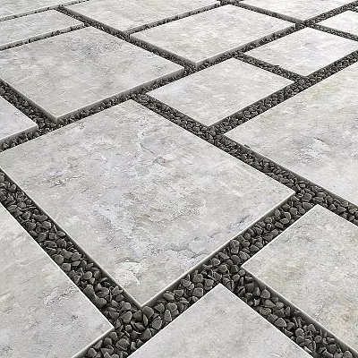 Garden Patio Design With Gray Stone Slabs And Black Pebbles In Between Spaces 3d model