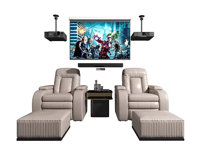 Two Beige Leather Massage Chairs With Ottomans TV Speakers And Small Side Table 3d model