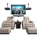 Two Beige Leather Massage Chairs With Ottomans TV Speakers And Small Side Table