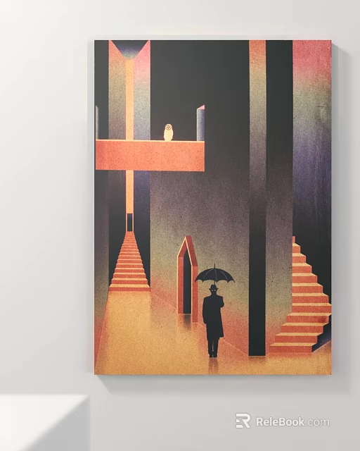 Person With Umbrella In Surreal Architectural Scene With Geometric Staircases 3d model 