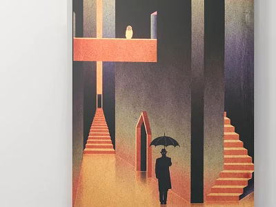 Person With Umbrella In Surreal Architectural Scene With Geometric Staircases 3d model