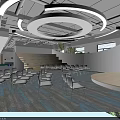Modern Conference Room With Circular Pendant Lights Tiered Seating White Chairs And Blue Carpet