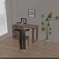 Modern Light Brown Wooden Desk and Black Chair with Books Frame Green Plant and Blinds