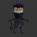 Stylized Game Character With Dark Armor Yellow Accents And Sharp Expression Holding Weapon 3d model