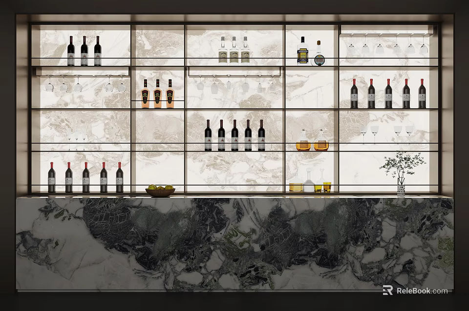 Elegant Modern Wine Cabinet Featuring Multiple Wine Bottles And Hanging Glassware 3d model 