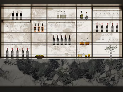 Elegant Modern Wine Cabinet Featuring Multiple Wine Bottles And Hanging Glassware 3d model