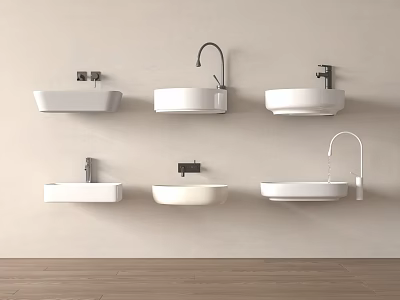Modern Wall Mounted White Washbasins With Various Faucet Designs On Light Beige Wall 3d model