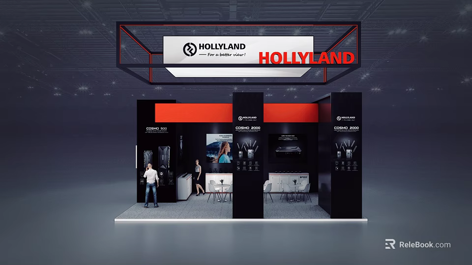 HOLLYLAND Modern Exhibition Booth With Black Red Design And Product Displays For Visitors 3d model 
