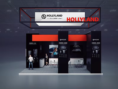 HOLLYLAND Modern Exhibition Booth With Black Red Design And Product Displays For Visitors 3d model