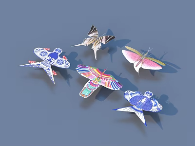 Colorful Origami Butterflies With Various Decorative Patterns On Gray Background 3d model