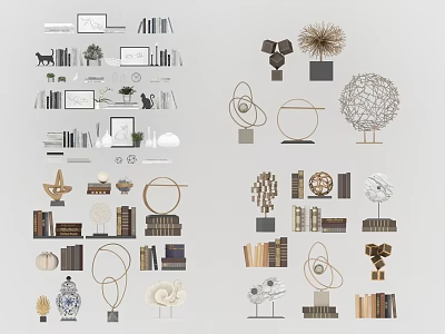 Modern Decorative Ornament Set With Geometric Sculptures Books Plant Decor And Vases 3d model