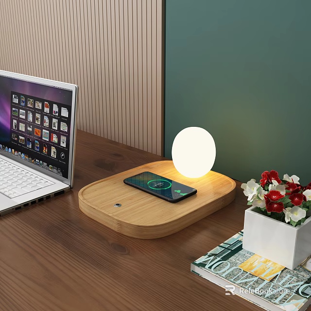 Round Table Lamp On Wooden Tray With Phone Charging Laptop And Flower Pot On Desk 3d model 