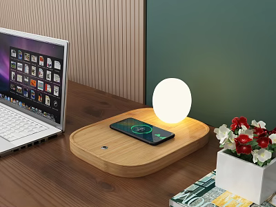Round Table Lamp On Wooden Tray With Phone Charging Laptop And Flower Pot On Desk 3d model