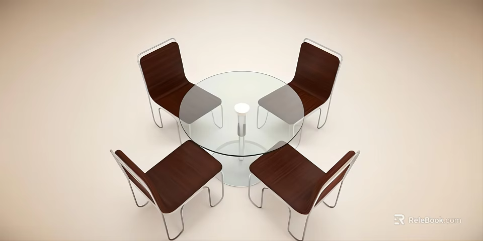Modern Round Glass Tabletop With Four Wooden Seat Metal Frame Chairs Set 3d model 