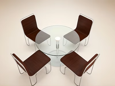 Modern Round Glass Tabletop With Four Wooden Seat Metal Frame Chairs Set 3d model