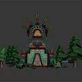 Colorful Traditional Tower Structure With Decorative Top Surrounded By Pine Trees And Circular Pool