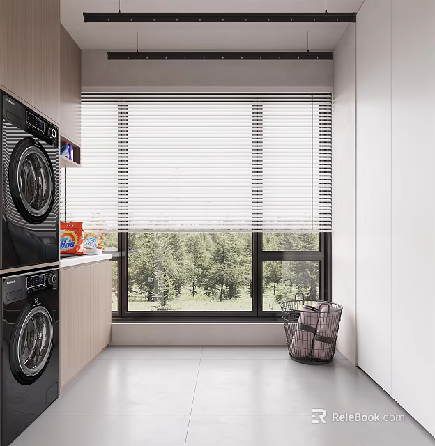 Home Balcony With Black Washing Machines Side Cabinet Window Blinds Green Trees And Storage Basket 3d model 