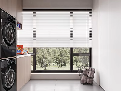 Home Balcony With Black Washing Machines Side Cabinet Window Blinds Green Trees And Storage Basket 3d model