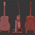 Wooden Acoustic Guitars As Musical Instruments Display From Different Angles On Stands
