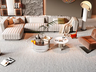Elegant Modern Living Room Sofa Coffee Table Set With Throw Pillows And Green Plants 3d model