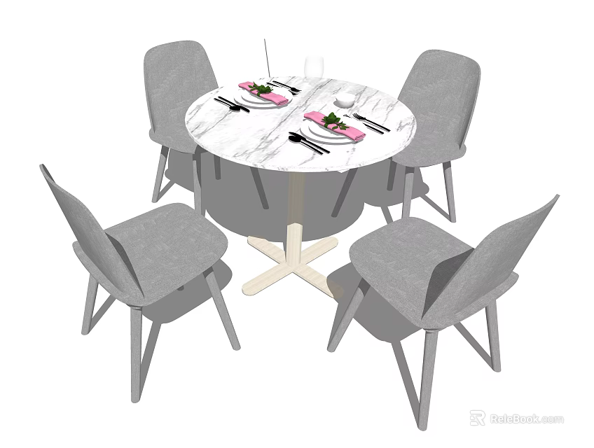 Round Dining Table Set With Marble Tabletop Four Gray Chairs Tableware And Napkins 3d model
