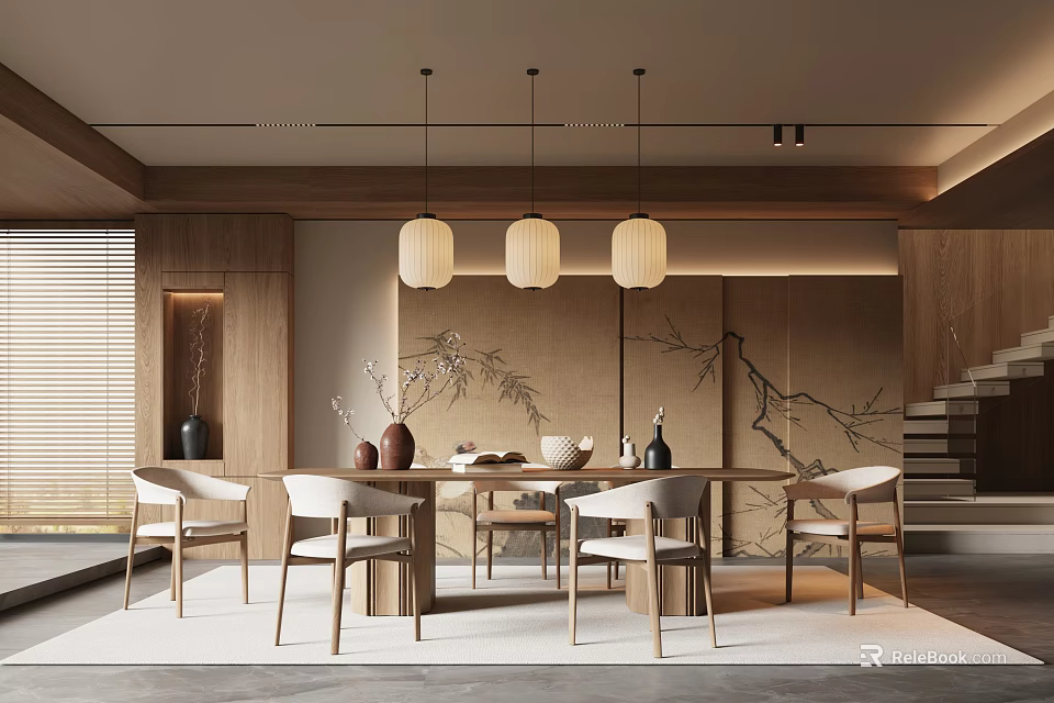 Modern Dining Room Interior Design With Wooden Elements Pendant Lights And Dining Table Chairs 3d model 