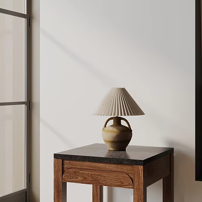Minimalist Table Lamp With Pleated Lampshade And Ceramic Base On Wooden Cabinet With Black Countertop 3d model