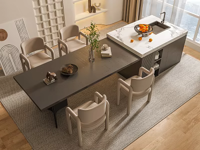 Elegant Modern Dining Table Set With Chairs And Kitchen Island Marble Countertop Fruit Decoration 3d model