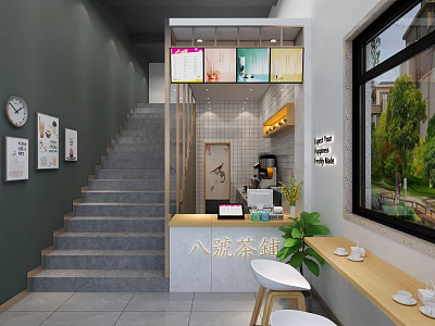 Cozy Milk Tea Shop Interior With Staircase Counter Menu Screen And Green Plants 3d model