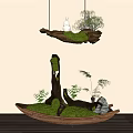 Natural Decorative Ornament Set With Hanging Wooden Branch Moss Mini Plants And Boat Shaped Base