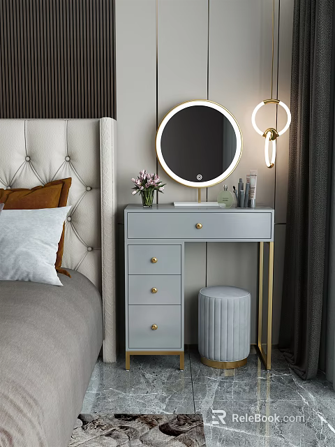 Gray Dressing Table With Gold Knobs Round Mirror Gray Stool And Cosmetics In Bedroom 3d model 
