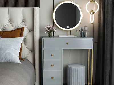 Gray Dressing Table With Gold Knobs Round Mirror Gray Stool And Cosmetics In Bedroom 3d model