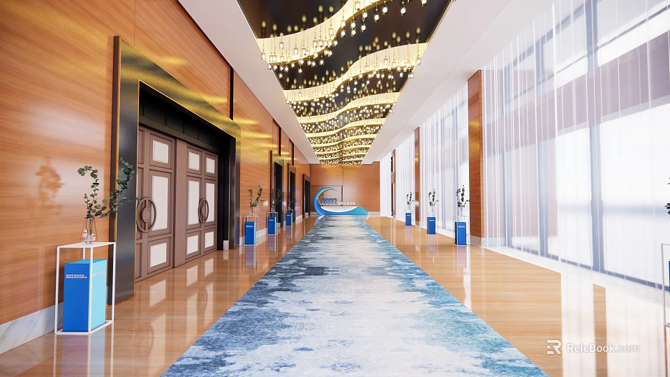 Luxury Corridor With Wooden Walls Wavy Chandeliers And Blue Wave Carpet 3d model 