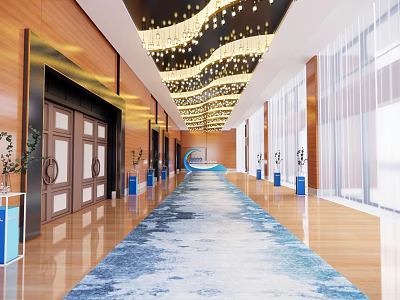 Luxury Corridor With Wooden Walls Wavy Chandeliers And Blue Wave Carpet 3d model